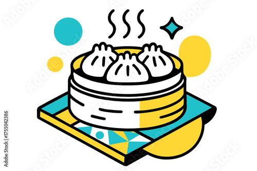 Geometric Dumpling Delight. Steamed Dumpling Basket. Abstract geometric plate and basket with dumplings, floating steam lines and geometric accents, playful