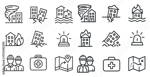 Natural disaster outline icons set – linear, emergency, safety symbols