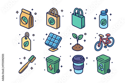 Ethical Icons Collection. Ethical Consumerism. Colorful isometric vector icons set of ethical consumerism: fair trade coffee, reusable bag, cloth shopping bag,