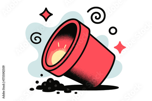 Glowing Abandoned Pot. Abandoned Pot. A glowing pot tilted sideways with scattered soil particles, abstract floating spark and swirl icons