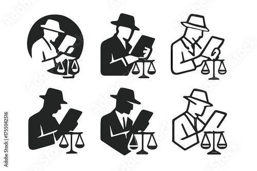 Justice Scales Logos. Investigator Reviewing Case Files. Set Logo of Investigator Reviewing Case Files: scales of justice. harmonious logo variations of the