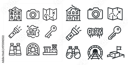 Travel and adventure icons set – outline, linear, map and camera symbols