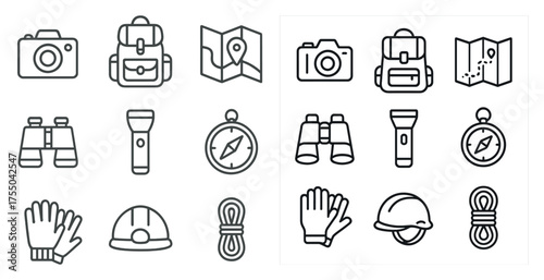 Outdoor adventure line icons set – navigation, equipment, camping symbols