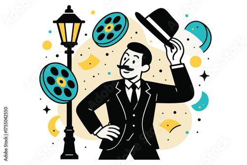 Vintage Cinematic Charm. Silent movie vibe. Black-and-white scene of a man tipping his hat under a streetlamp, floating vintage film reels and abstract dust