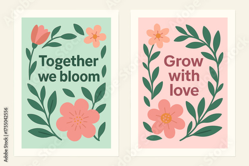Blooming Banners Design. Together we bloom. Two vertical A6 banners with safe margins, centered composition, no elements touching edges, flat vector design,