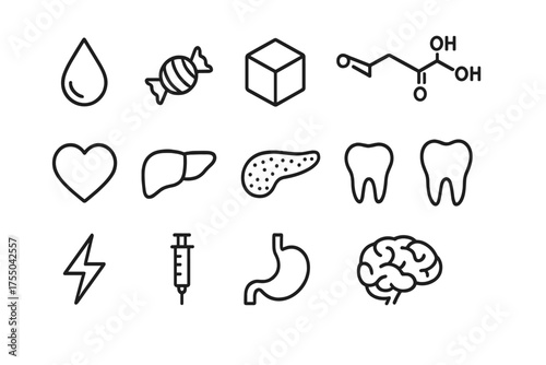 Sugar's Health Icons. Health impact of sugar. Line icon set of Health impact of sugar: blood drop, candy, sugar cube, glucose molecule, heart, liver, pancreas,