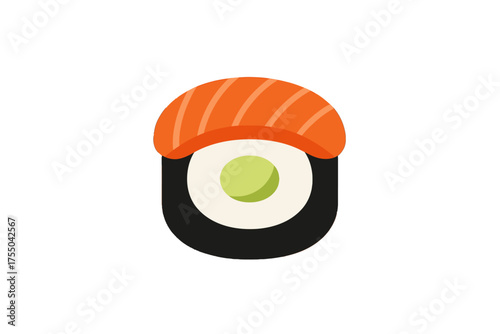 A minimalist flat design icon of a salmon nigiri and maki sushi roll. This vector graphic symbolizes Japanese cuisine, fresh seafood, and Asian culinary art