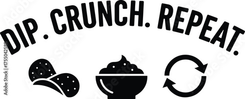 Dip Crunch Repeat – Bold Black and White Snack Icons with Fun Typography for Food Branding