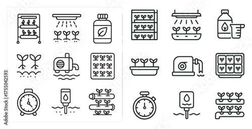 Hydroponics outline icons set – linear, gardening, plant cultivation symbols