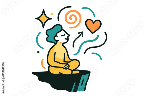 Reflective Cliffside Solitude. Solitude on the edge. Glowing person sitting cross-legged at cliff rim, gazing at the sky. Floating icons of sparkle, swirl, and