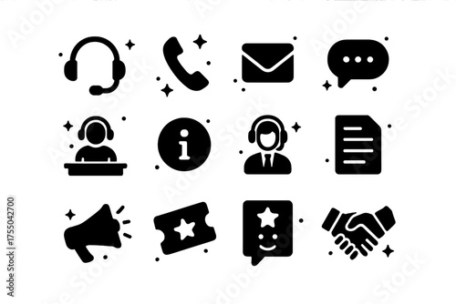 Customer Support Icons. Customer Support. Solid icons set of Customer Support: headset, phone, email, chat bubble, help desk, information icon, support agent,