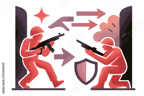 Dynamic Defense Silhouettes. Defensive standoff. Glowing silhouettes of soldiers pressed against walls, arrows pointing toward enemy fire. Floating icons of