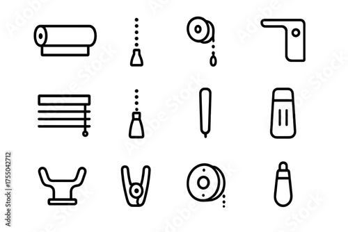 Blind Mechanism Icons. Blind mechanism. Line icon set of Blind mechanism: roller tube, cord, pulley, bracket, slat, tassel, handle, cord lock, cleat, cord