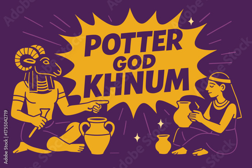 Khnum's Creative Craft. Potter God Khnum banner, flat vector illustration, bold oversized text inside comic burst, cartoon characters sitting and pointing,