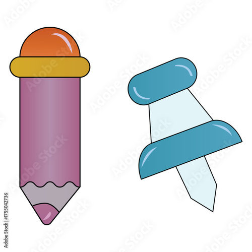 Cartoon illustration of a purple pencil and a blue thumbtack