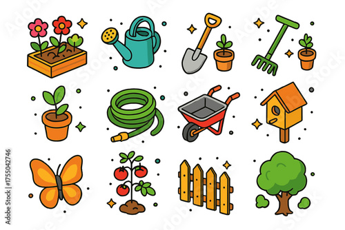 Colorful Garden Icons. Backyard Garden. Colorful isometric vector icons set of backyard garden: flower bed, watering can, shovel, rake, potted plant, garden