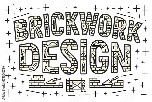 Brickwork Letter Art. Decorative Display Lettering: "Brickwork Design" ? letters filled with miniature icons of bricks, trowels, scaffolding, and mortar,