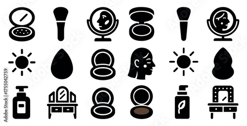 Cosmetic and beauty icons set – solid, silhouette, makeup and skincare symbols