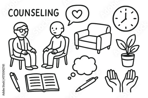 Counseling Doodle Icons. Counseling. Hand-drawn doodle illustration Counseling therapist couch client notebook pen clock plant thought bubble speech heart