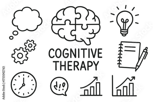 Cognitive Therapy Illustration. Cognitive Therapy. Hand-drawn doodle illustration Cognitive Therapy brain puzzle thought bubble notebook pen light bulb gears