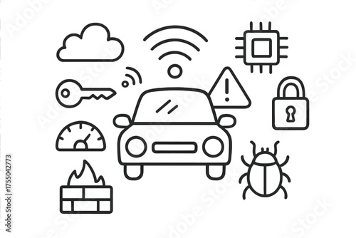 Networked Car Doodle. Networked Vehicle. Hand-drawn doodle illustration Networked Vehicle car wifi signal cloud sensor chip dashboard key lock alert firewall