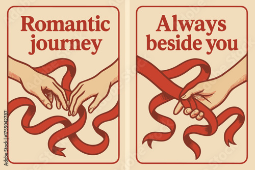Romantic Journey Banners. Romantic journey. Two vertical A6 banners with safe margins, centered composition, no elements touching edges, retro, red and beige,