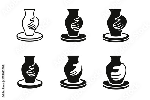 Artisan Tourism Logos. Tourism to explore local artisans and craftsmen. Set Logo of Tourism to explore local artisans and craftsmen: Pottery wheel with a hand