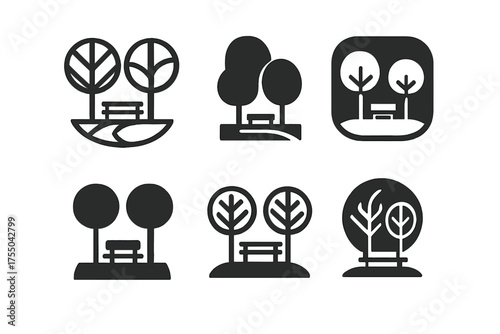 Geometric Park Logos. Urban Infrastructure. Set Logo of Public Park: Abstract geometric, Filled silhouette, Negative space, Flat solid, Symmetrical form,