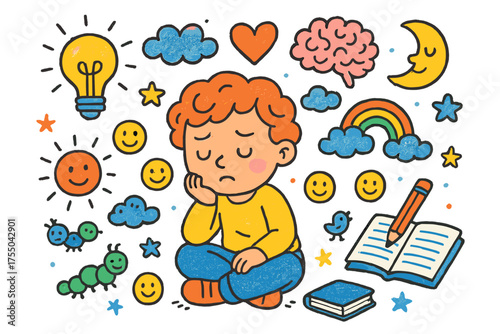 Creative Child's Thoughts. Deep Thinking. Colorful Hand-drawn doodle Children illustration child sitting, thinking, light bulb, notebook, pencil, book, brain,