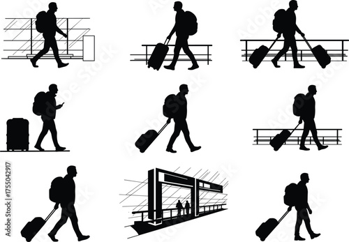 Silhouettes of travelers with backpacks and rolling suitcases, airport terminal scenes, modern air travel lifestyle illustration concept