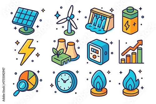 Sustainable Energy Icons. Sustainable Energy. Colorful isometric vector icons set of sustainable energy: solar panel, wind turbine, hydro dam, battery,