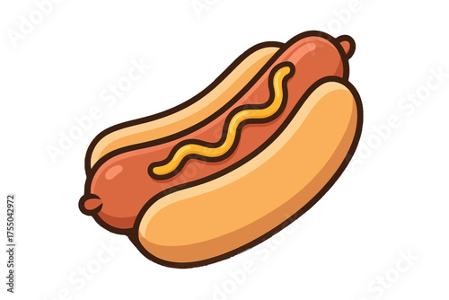 A bright and appetizing cartoon illustration depicting a classic hot dog topped with yellow mustard, showcasing a beloved fast-food staple often enjoyed at events, barbecues, or as a quick meal