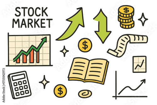 Vibrant Stock Market Doodles. Stock Market. Hand-drawn doodle illustration stock chart (colored), arrow up (colored), arrow down, coins, ticker tape (colored),