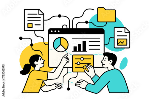 Seamless Data Integration. Data Integration. Floating documents and files automatically connecting into a central dashboard, abstract lines representing