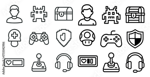 Gaming and tech outline icons set – linear, line, video game and electronic symbols