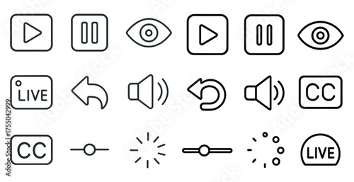 Multimedia outline icons set – linear, line, audio and video symbols