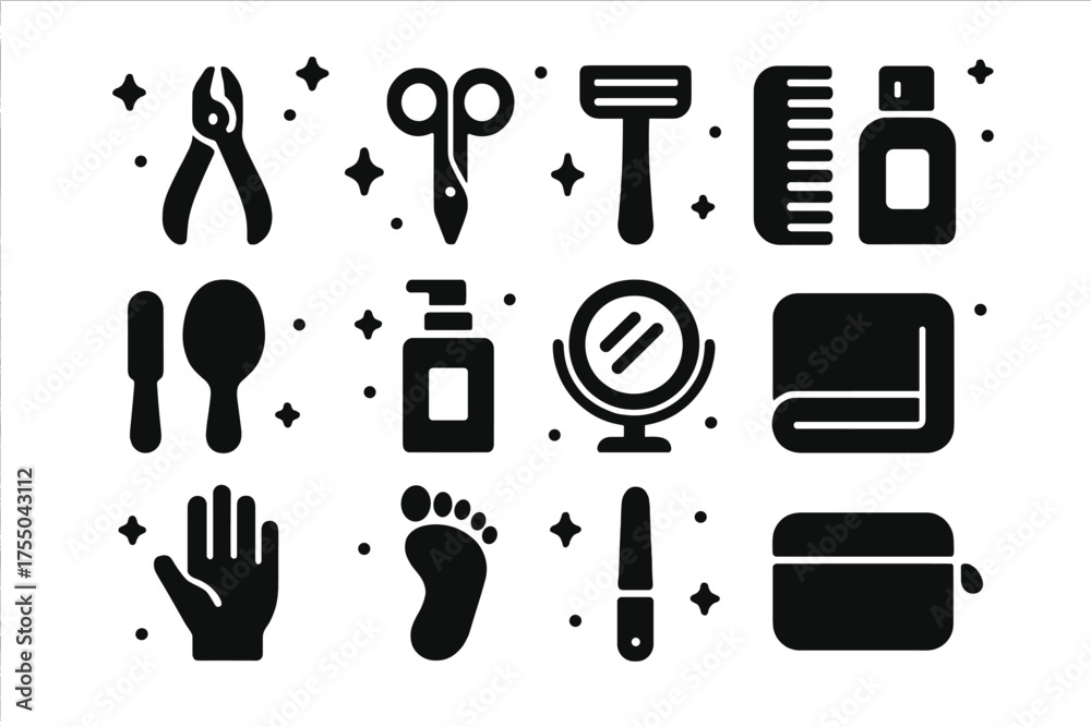 Obraz premium Grooming Kit Icons. Grooming kit. Solid icons set of Grooming kit: nail clipper, scissors, razor, comb, brush, lotion bottle, mirror, towel, hand, foot, nail