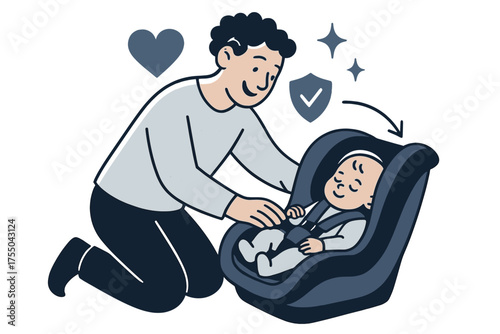 Safe Baby Travel. Everyday safety. Parent glowing as they place baby gently into secure car seat. Floating icons of heart, shield, and sparkle