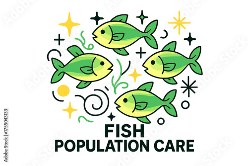Vibrant Fish Harmony. Fish Population Care. A glowing school of fish swimming freely, abstract spark and star icons symbolizing regeneration. Modern flat-line