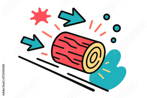 Dynamic Rolling Log. Rolling Logs. A glowing log rolling downhill, abstract floating spark and arrow shapes symbolizing movement and momentum. Modern flat-line