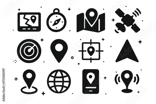 Geolocation Icon Set. Geolocation Tools. Solid icons set of Geolocation Tools: GPS device, compass, map, satellite, radar, location pin, coordinates grid,