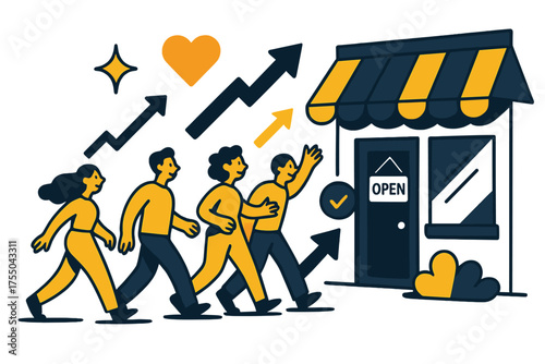 Thriving Community Support. Community support. Glowing customers lining up at a small business storefront with rising arrows. Floating icons of sparkle, heart,