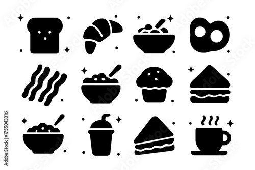 Breakfast Icons Grid. Breakfast Foods. Solid icons set of Breakfast Foods: toast, croissant, pancake, eggs, bacon, cereal bowl, yogurt, muffin, oatmeal,