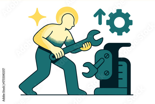 Dynamic Machinery Upkeep. Maintenance tasks. Glowing figure tightening bolts on machinery with wrench. Floating icons of sparkle, arrow, and gear symbolizing