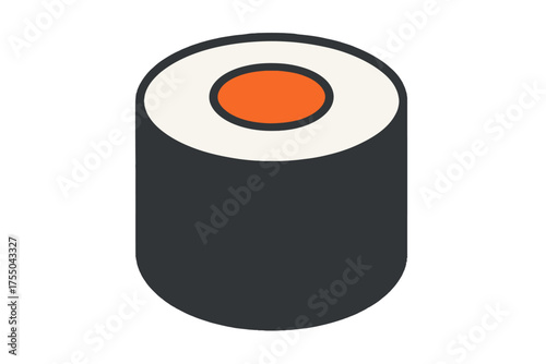 A simple flat design icon of a Japanese maki sushi roll with a salmon filling, representing Asian seafood cuisine and food culture
