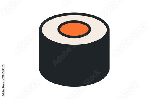 A minimalist flat design vector icon of a single Japanese maki sushi roll. This simple food illustration is isolated on a white background, representing traditional cuisine