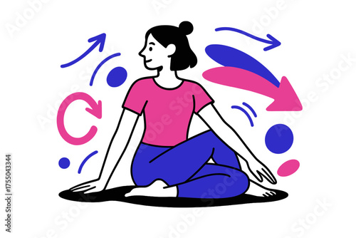 Calm Twisting Motion. Seated Twist. Individual sitting cross-legged, gently twisting torso, floating abstract arrows and shapes showing motion, calm cooldown