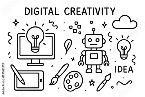 Digital Doodle Elements. Digital Creativity. Hand-drawn doodle illustration Digital Creativity computer robot tablet paintbrush palette light bulb cloud screen