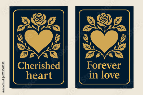 Cherished Heart Banners. Cherished heart. Two vertical A6 banners with safe margins, centered composition, no elements touching edges, bold, navy and gold,
