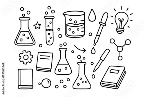 Science Experiment Doodle. Science experiment. Hand-drawn doodle illustration science experiment flask, test tube, beaker, droplet, bubble, gear, star,